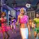 A screenshot from The Sims 4 showing a diverse group of Sims hanging out and dancing.